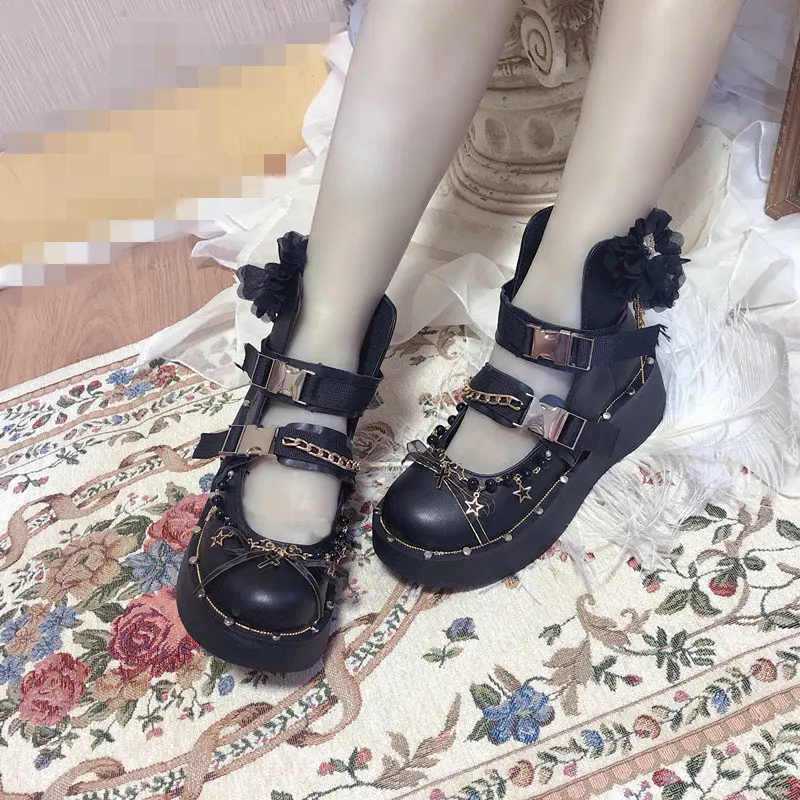 Black Punk Dark Street Platform High Top Women\'s Gothic Shoes Casual Ankle Boots Goth Buckle Chain Lolita Sweet Girls Shoes