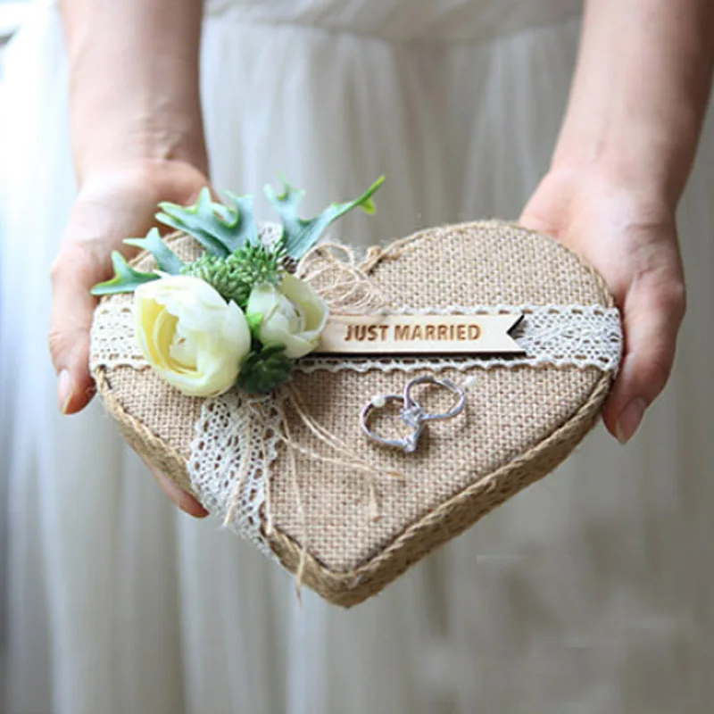 Custom Name Forest Rustic Wooden Artificial Flower Wedding Engagement Proposal Ring Pillow For Mr Mrs Photo Props