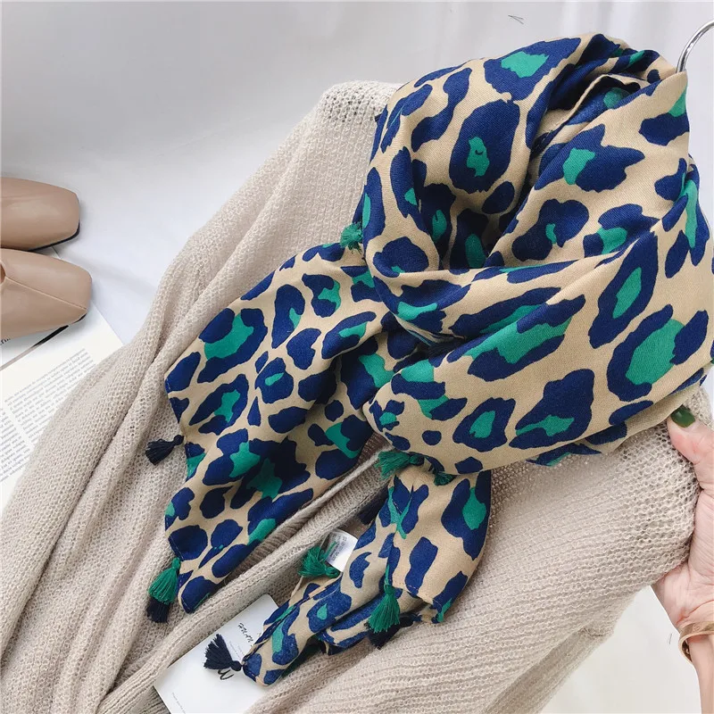 New Women Autumn Cotton Viscose Tassel Scarf Turquoise Leopard Dot Spain Style Wrap Pashminas Stole Muslim Hijab Sjaal 180*100cm