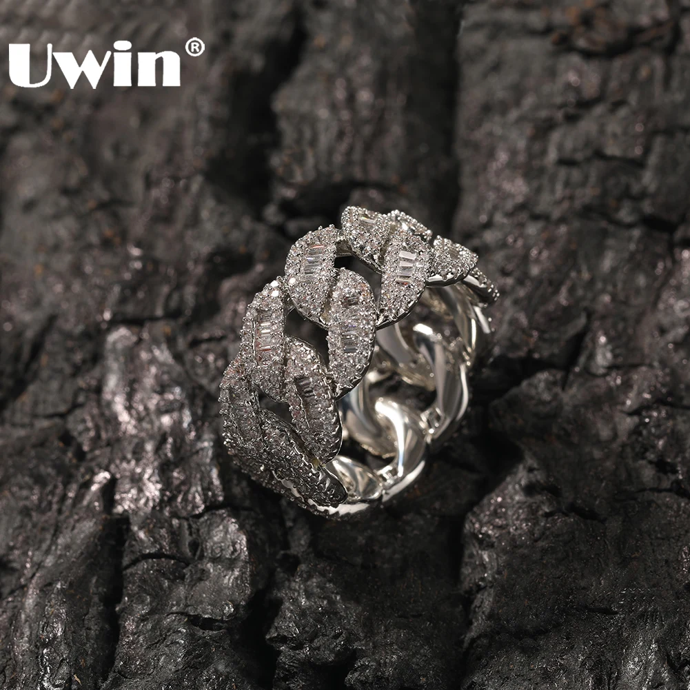 

UWIN 12mm Cuban Link Rings Iced Out Baguettecz Ring for Men Cubic Zircon Silver Color Ring Fashion Hip Hop Jewelry for Gift