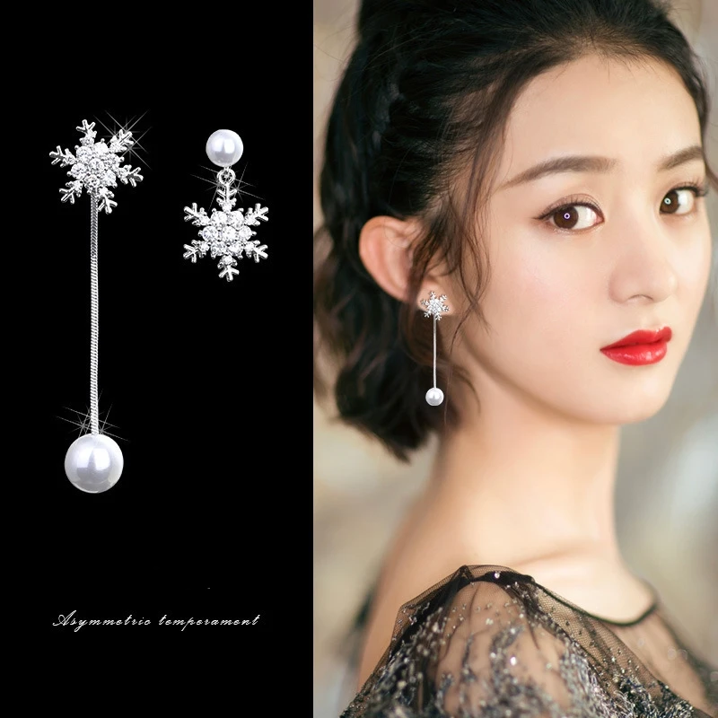 Korean Temperament  Asymmetrical Snowflake Imitation Pearl Pendant Earrings for Woman Personality Wild Long Chain Tassel Brincos