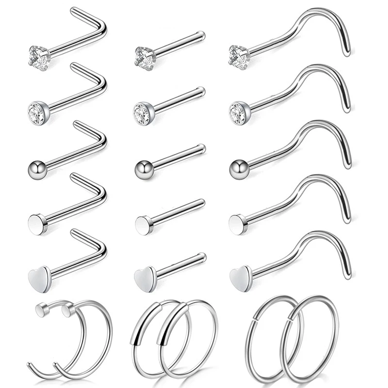 Stainless Steel Nose Stud Lip Ring L Shape Nostril Hoop Septum Piercing Kit Cartilage Earring Set Labret Women Body Jewelry 20G