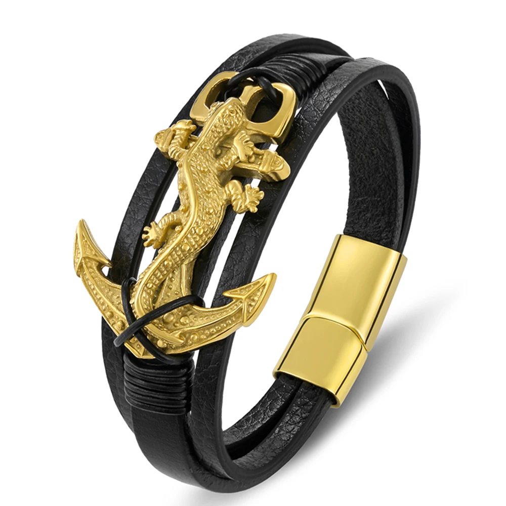 TYO Charms Fashion Rope Braided Genuine Leather Anchor Mens Bracelet Animal Black Manetic Clasp Whosale Accessories Bangles