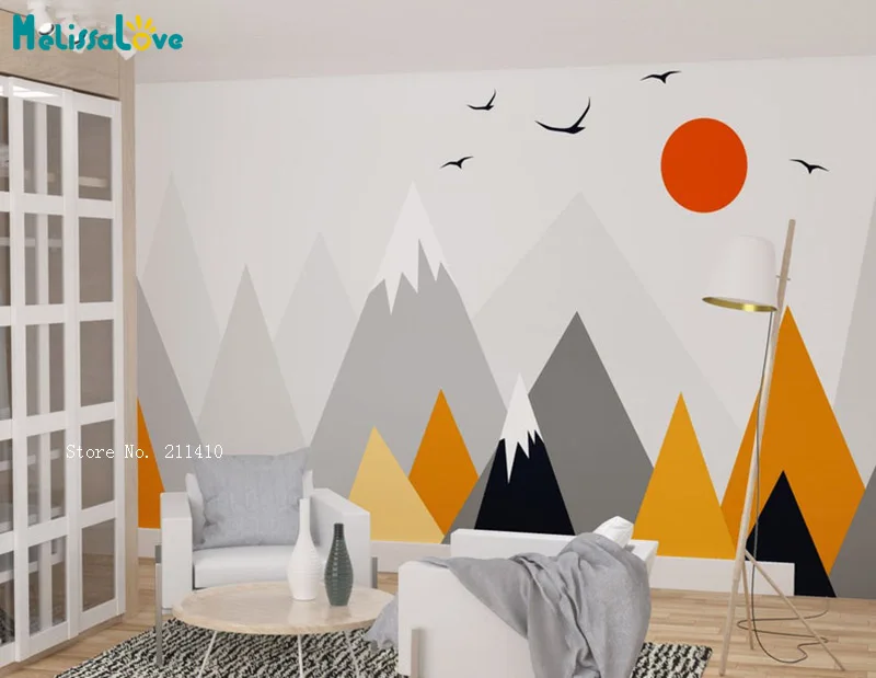 

Orange Gray Mountains Wall Mural Removable Kids Nursery Toddlers Boys Girls Home Decor Living Bedroom Decals YT6422