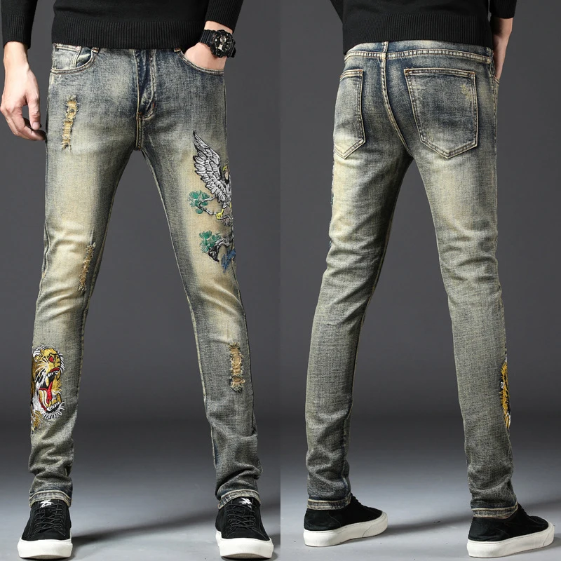 

Men retro style eagle embroidery blue jeans ripped street fashion jeans pants tiger embroidery decorating distressed denim pants