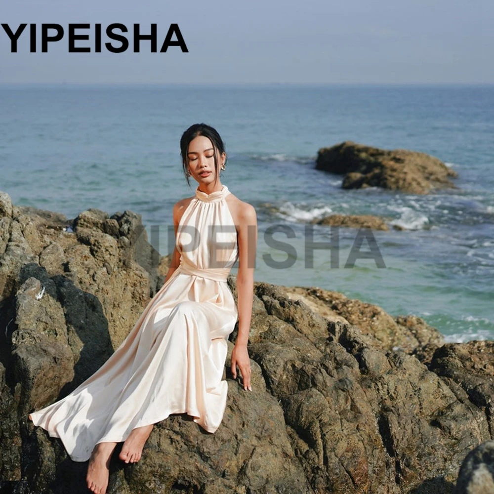 Vestido de noche de gasa sin mangas con cuello redondo y espalda descubierta, prenda Simple transparente para fiesta de graduación, ropa de boda