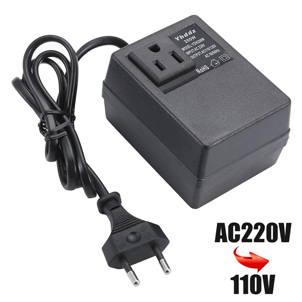 หม้อแปลงไฟฟ้า AC 220V To 110V Step Down Single Phase Travel EU ปลั๊กแปลงแรงดันไฟฟ้า200W
