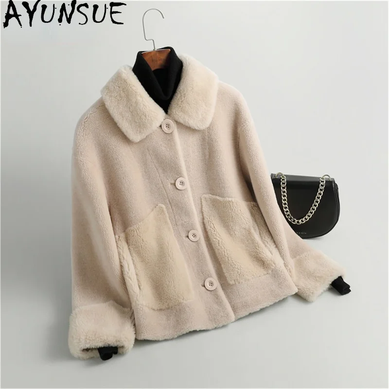 

AYUNSUE Winter Real Wool Jacket Women Autumn 2021 Short Elegant Sheep Shearling Coat Female Korean Style Casaco Feminino Gxy576