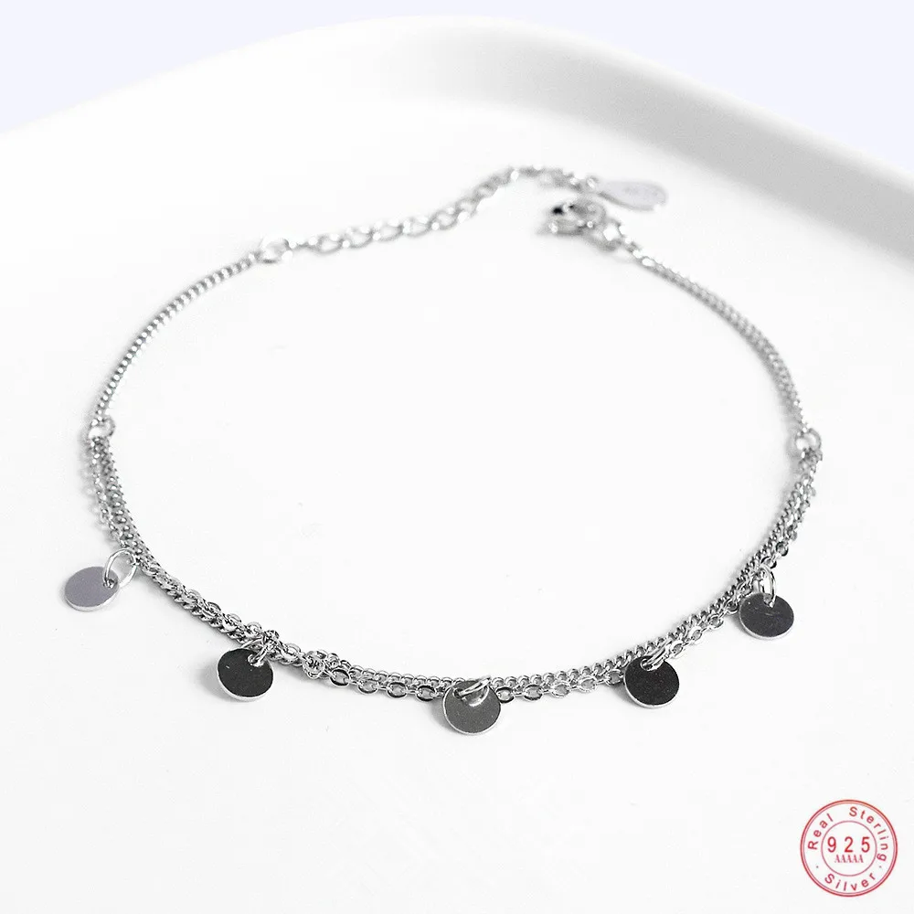 925 Sterling Silver Boho Simple Disc Accessory Double Layer Bracelet Women Adjustable Beach Casual Jewelry Girlfriend Gift