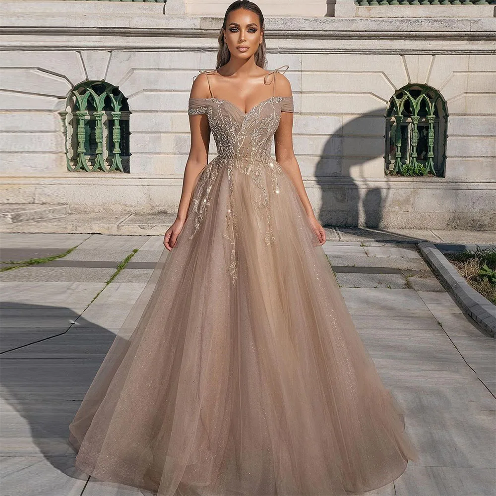 Sevintage Kralen Crystal Lange Tulle Prom Dresses Off Shoulder Kant Applicaties Avondjurken Saudi Arabische Feestjurk