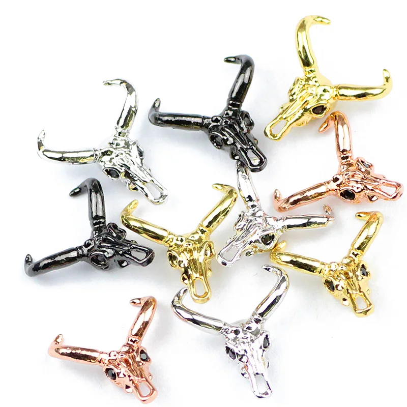 4pcs Cow\'s Skull Copper Spacer Micro Pave Black Zircon Charms Loose Beads For Jewelry Bracelets Making DIY Accessories Findings