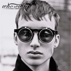 WHO CUTIE 2025 Fashion Vintage Round Steampunk Flip Up Sunglasses Men Classic Clamshell Design Sun Glasses Clip on Oculos S005