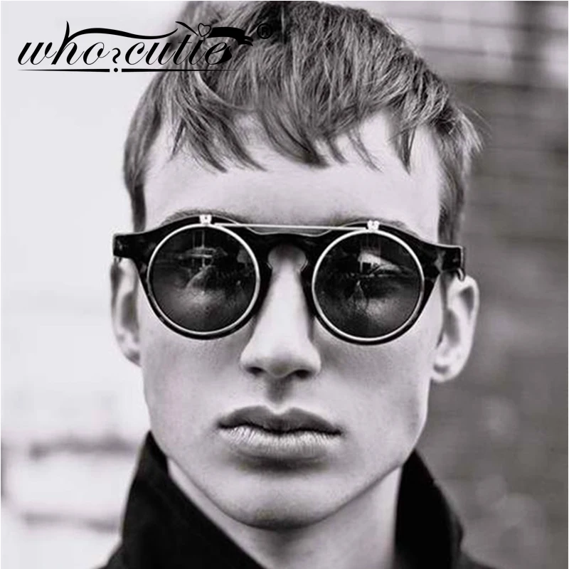 WHO CUTIE 2025 Fashion Vintage Round Steampunk Flip Up Sunglasses Men Classic Clamshell Design Sun Glasses Clip on Oculos S005
