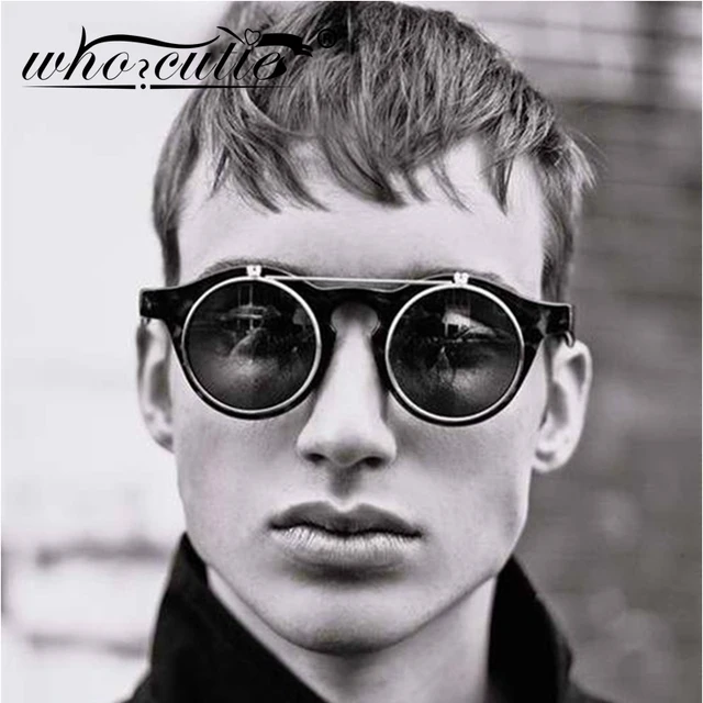 WHO CUTIE 2025 Fashion Vintage Round Steampunk Flip Up Sunglasses Men Classic Clamshell Design Sun Glasses Clip on Oculos S005