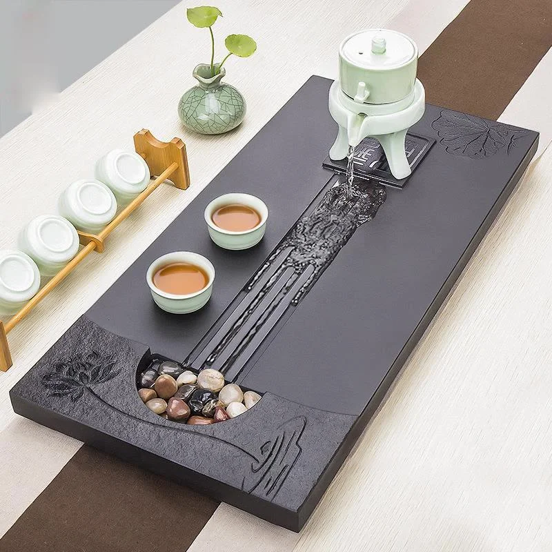 heavy stone tea tray weighted tea table water draining function serving trays for kungfu tea set tea boat lotus carve  ZM222