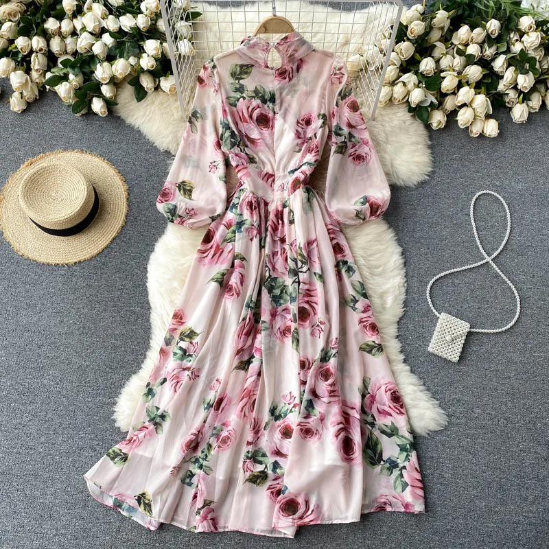 Elegant Women\'s Summer Floral Chiffon Green Dress Ladies Long Sleeve Bowknot Mixi Dress Robe Plus Size Female Vestidos