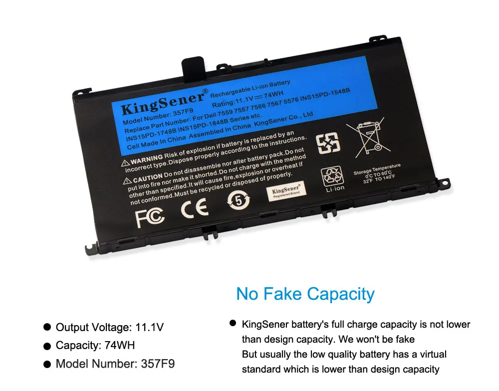 KingSener 11.4V 74Wh 357F9 Battery For DELL Inspiron 15 Gaming 5576 5577 7566 7567 7000 7557 7559 P65F P57F P65F001 P57F001