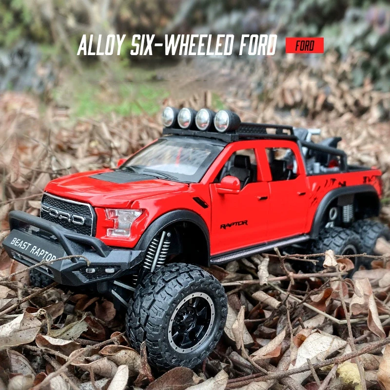 Modelo de coche Ford Raptor F150, rueda grande de aleación fundido a presión con luz de sonido, coche de juguete para niños, regalos de Navidad, 1:28