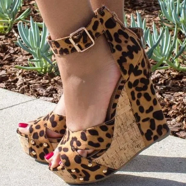 

Woman Sexy Leopard Buckles Cuts Out Open Toe Wedge Platform Sandals Club Patchwork High Heel Sandals Shoes Plus Size