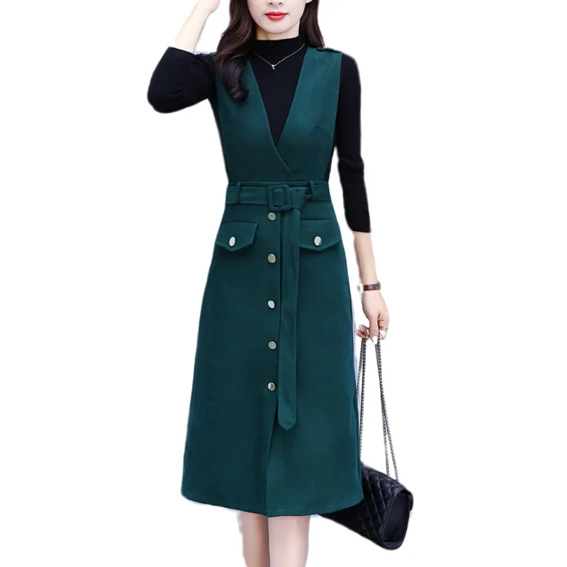 

Autumn Winter Women Woolen Vest Dress New Fashion Sexy V-neck Sleeveless Wool Vest Dress Elegant Female Office Dresses