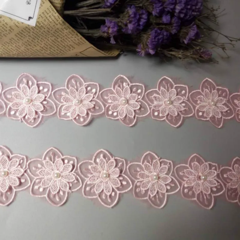 

1 Yard Pink Pearl Flower Soluble Organza Lace Trim Knitting Wedding Embroidered DIY Handmade Patchwork Ribbon Sewing Craft