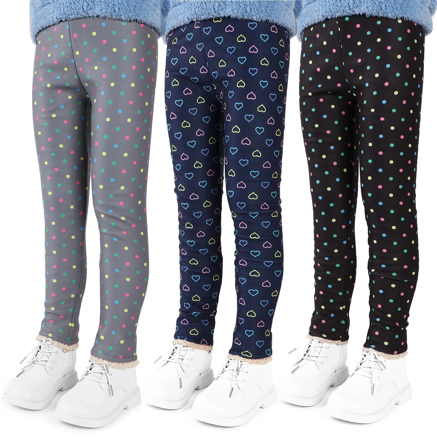 3pcs Warm Sweet Leggings for Girl,Skinny Trousers,Elastic Slim Pants,Thicken Bottoms with Lace,Outdoor Kids Winter Plush Tights