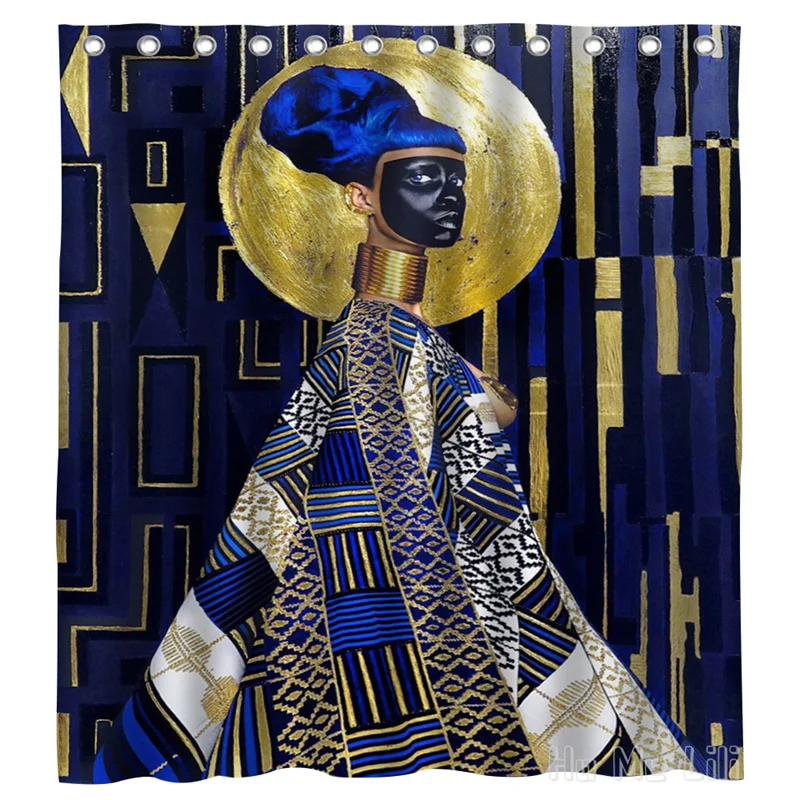 Black faced Noble Queen Surrounded By Blue Background And Gold Lines By Ho Me Lili Shower Curtain With Hooks