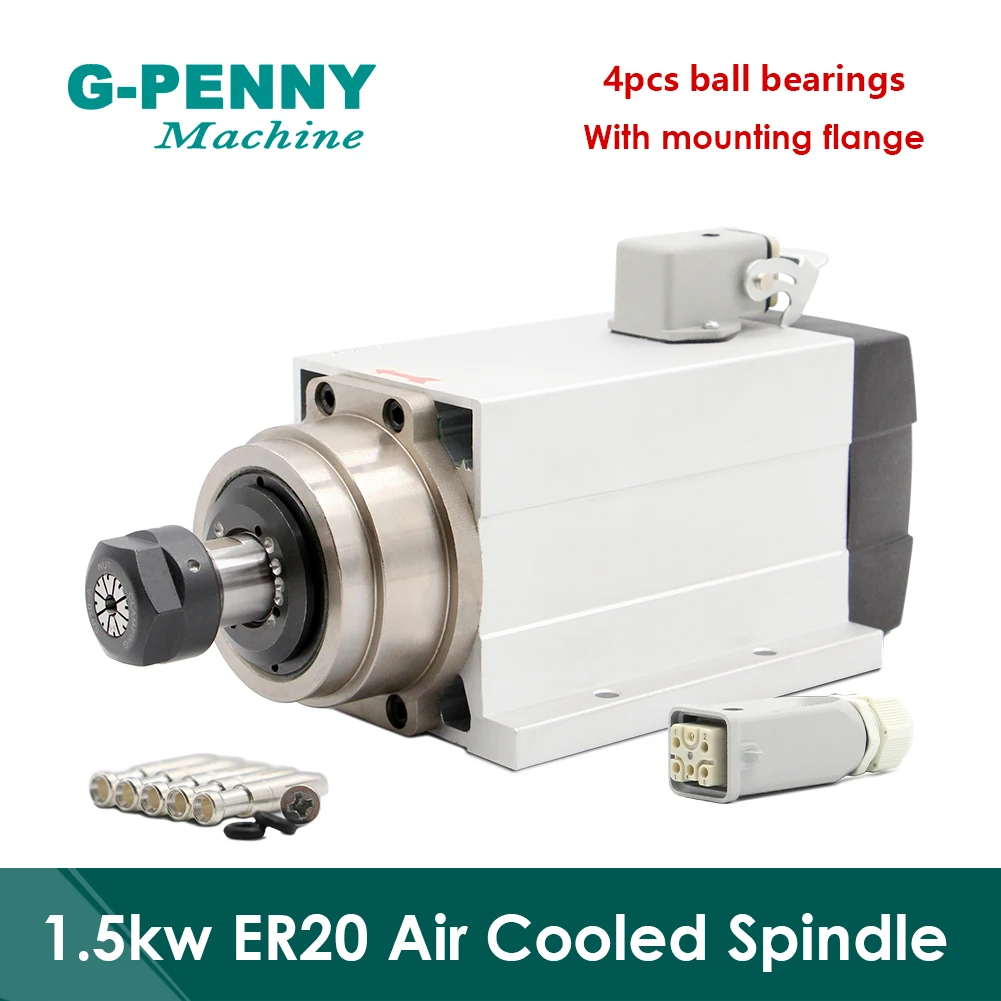 300Hz CNC Air Cooled Spindle motor 380v 220v 1.5kw ER20 with flange square spindle air cooling 4pcs bearings  for CNC wood wood