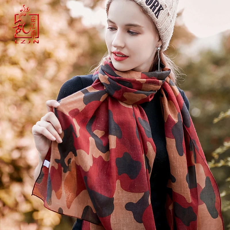 LZJN-Military Camouflage Printed Scarf for Women, Shawl, Long, 7 Colors, Lightweight, Thin, Super Soft, Cozy, Female Muffler