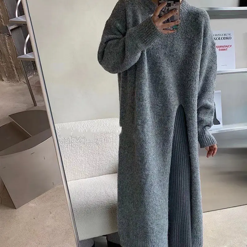Sweater women\'s 2021 new autumn and winter loose Pullover head side fork knee length knitted wool dress