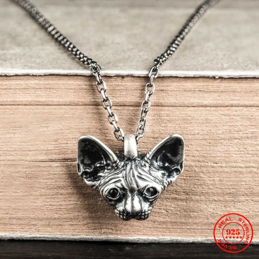 MKENDN 100% 925 Sterling Silver Sphinx hairless Siamese Cat With Blue Eyes Pendant Necklace For Men Women Anti-allergy Jewelry