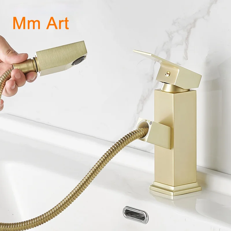 

Copper Pull-out Bathroom Faucet Household Supercharged Universal Table Basin Hot and Cold Retractable Splash-Proof Faucet Gold