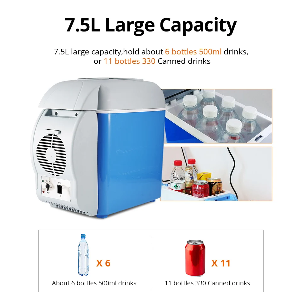 7.5L Mini Car Refrigerator DC12-24V/AC220V Home Auto Freezer Heating Fridge Icebox Portable Picnic Food Drink Cooler Warmer