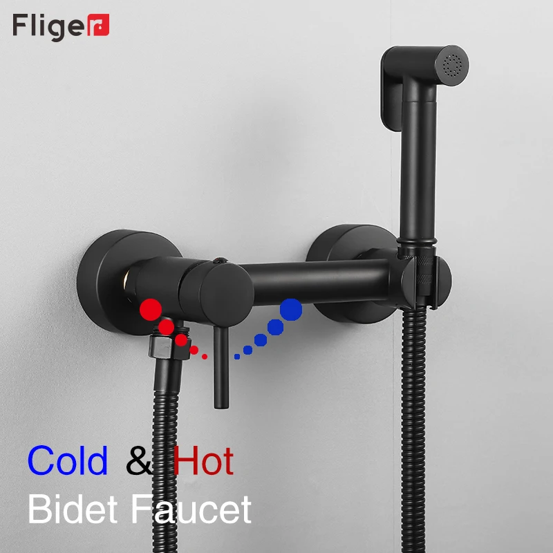 

Fliger Black Toilet Faucet Brass Handheld Toilet Bidet Sprayer Bidet Faucet Bathroom Shower Head Hot Cold Water Hygienic Shower