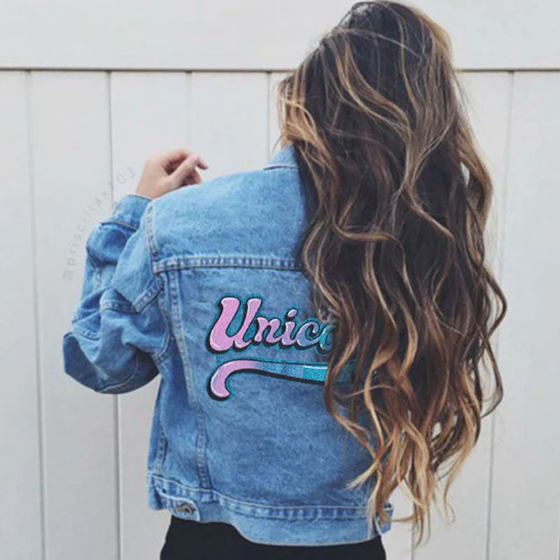 Patch per moto con lettera unicorno arcobaleno carino grande ferro su toppe ricamate per abbigliamento Appliques per giacca con toppa sul retro