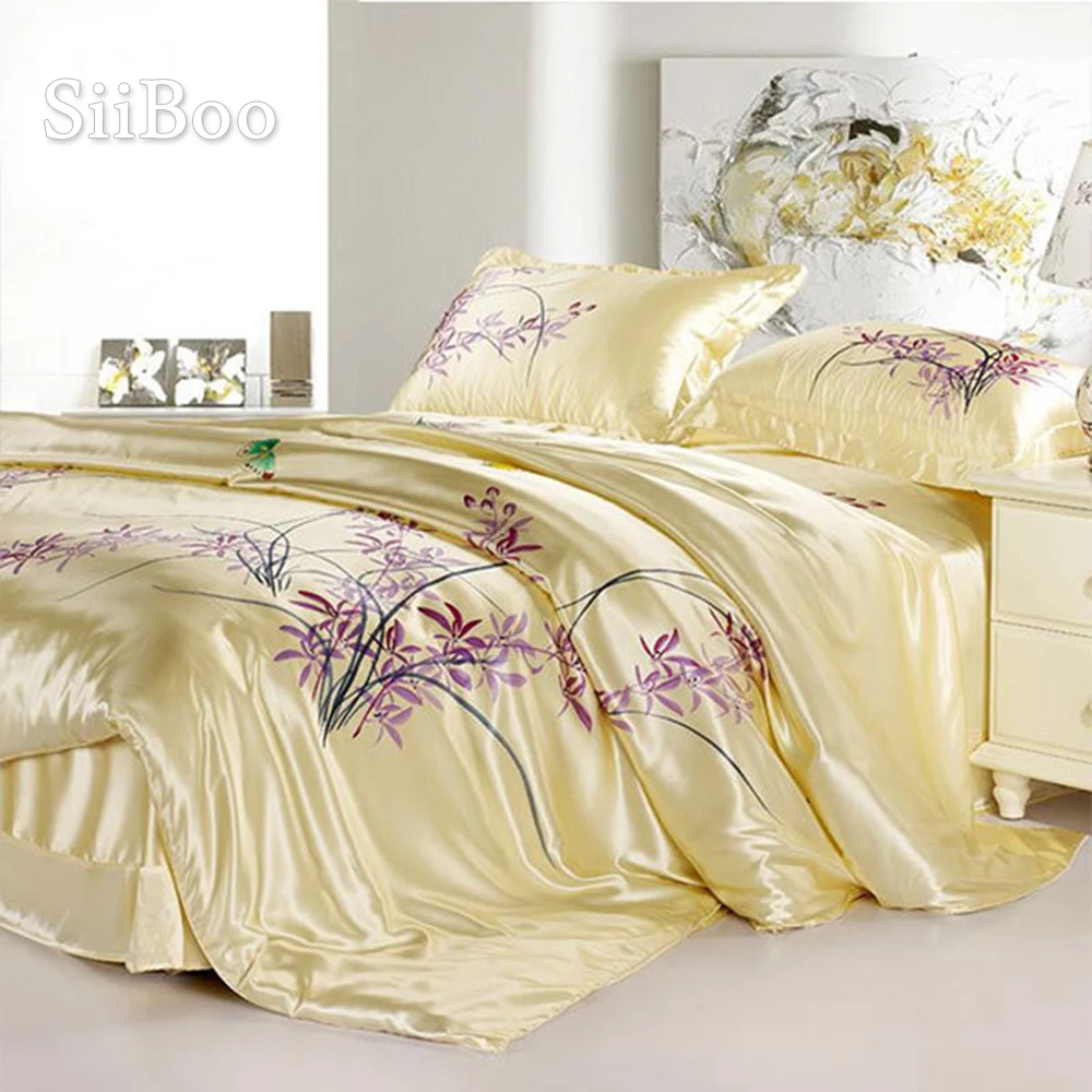 

Home textile floral hand-painted 100% silk bedding sets,duvet cover pillowcase bedding sheet 4pcs/lot for 1.5/1.8meters SP1814