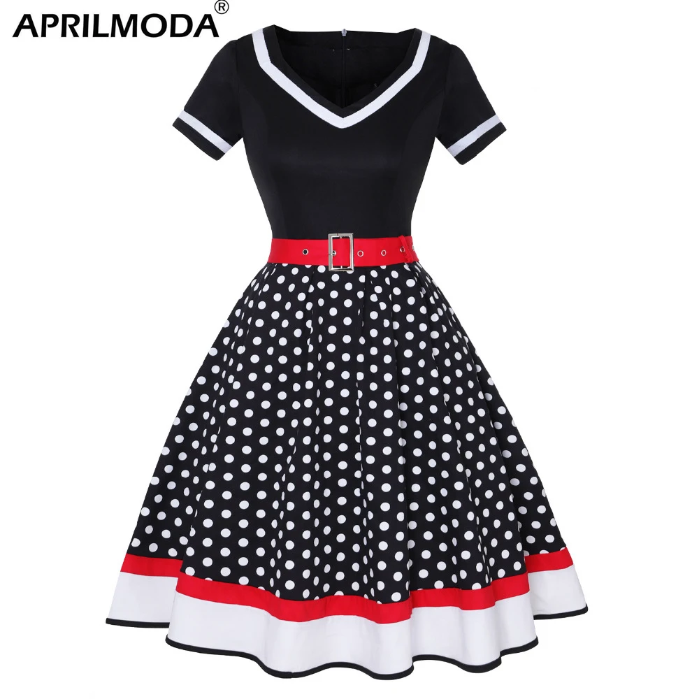 2023 Polka Dot Print Vintage Dress Belt Rockabilly 4XL Robe Femme Women V-Neck A-Lined Swing Hepburn Pin Up 50s Party Vestidos