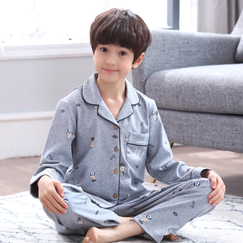 H5652 Boys Pajamas Sleepwear Spring Autumn Korean Lapel Cartoon Long Sleeve Cotton Home Suit Male Lovely Comfortable Nightwear