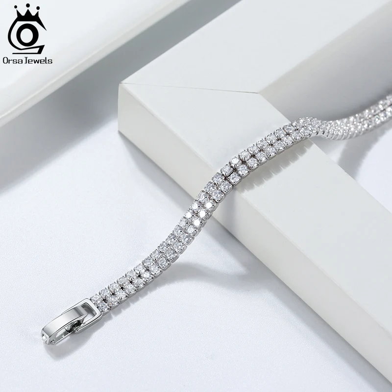 ORSA JEWELS Sparkling 925 Sterling Silver 2 Rows Tennis Bracelet 4mm Width Women's White Cubic Zirconia Chain Bracelet SB118