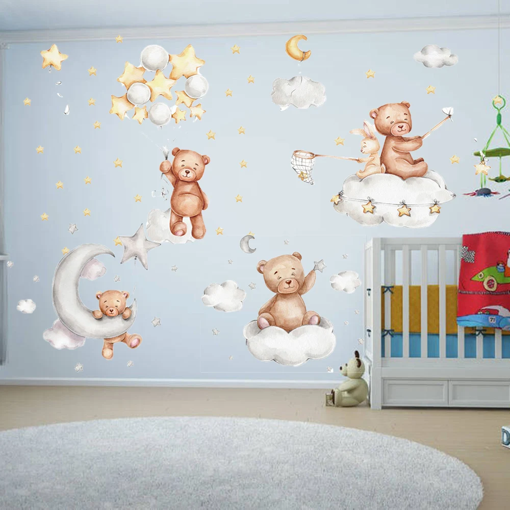 Moon Cloud Balloon Wall Stickers For Kids Rooms Boys Stars Large Wallpaper Sticker Children Room Bear Baby Bedroom Decoration