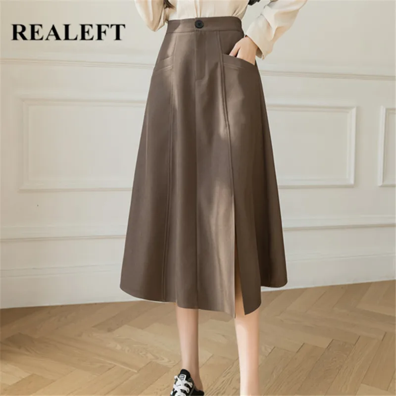 

REALEFT 2021 New Autumn Women A-line Skirts Vintage High Waist Patchwork Pockets Casual Solid Color OL Style Midi Skirts Female