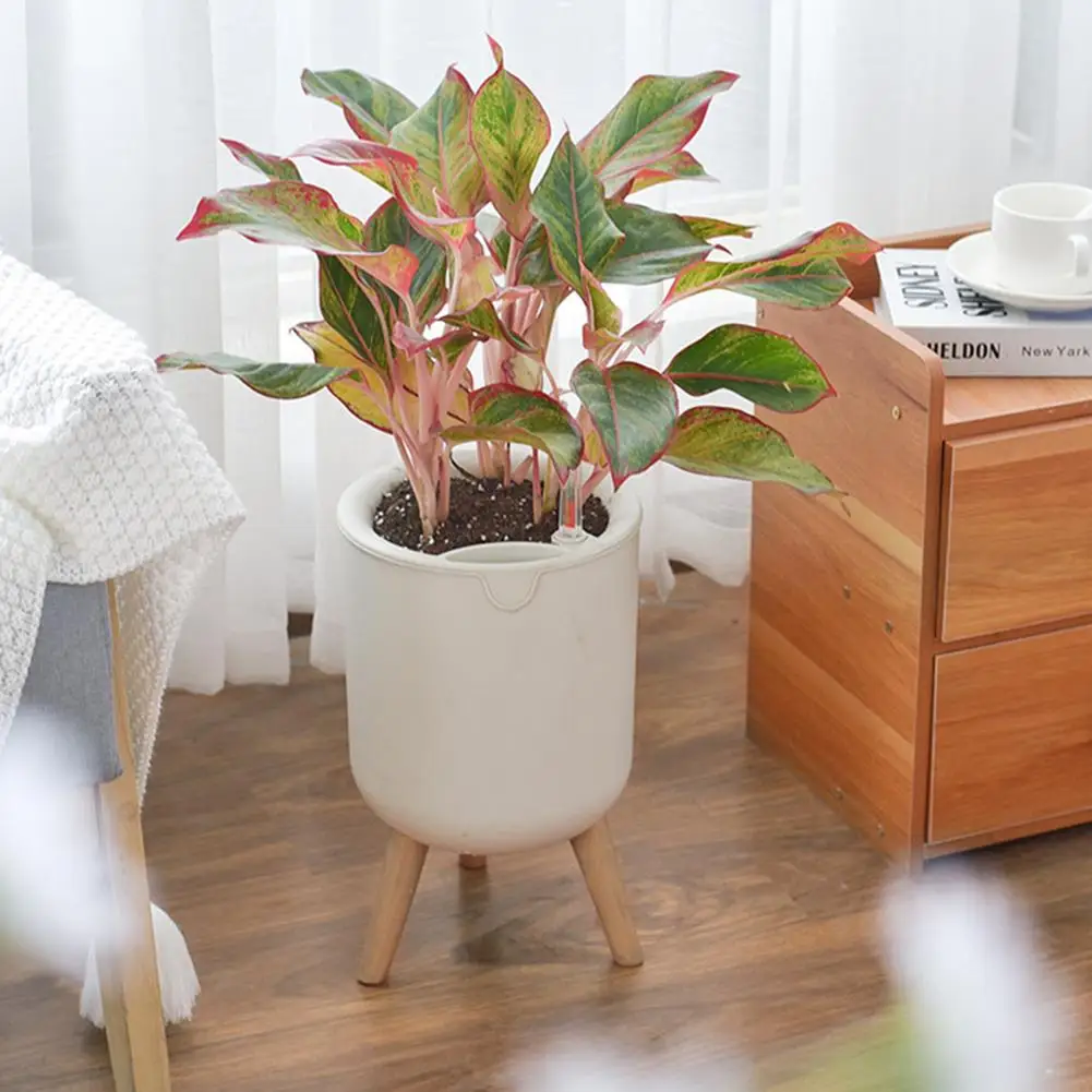 Automatic Self-Watering Flower Pot With Water Level For Home Indoor Outdoor Garden Flower Pot With Wooden Bracket Home Decor