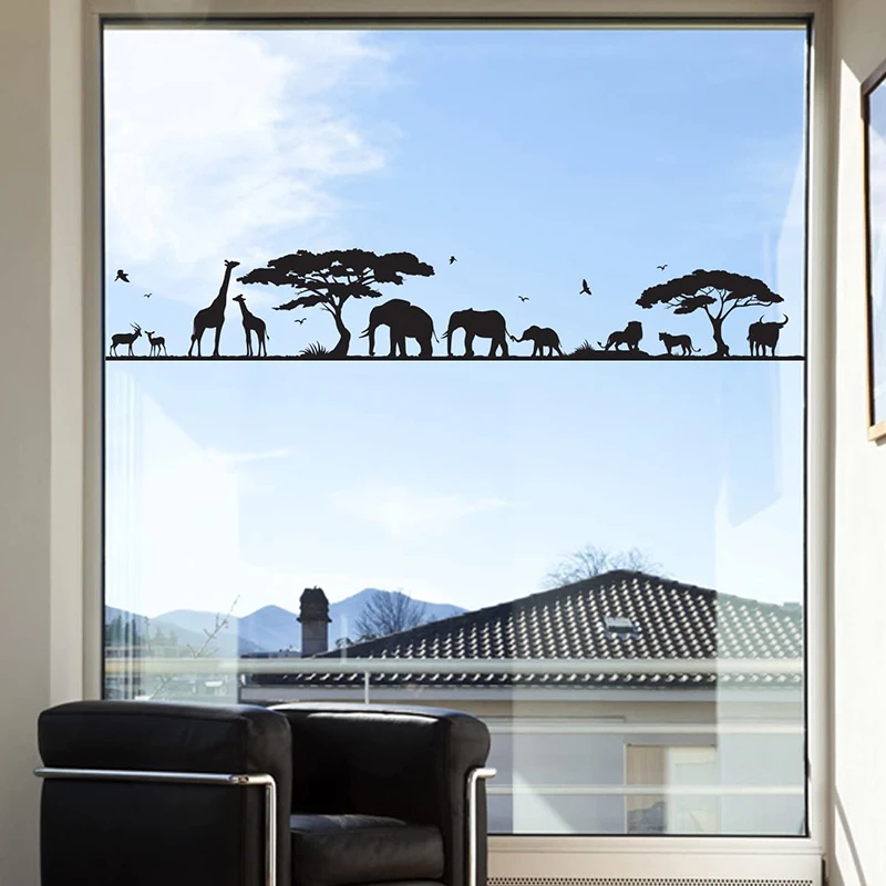 

Africa Zoo Animal Giraffe Elephant Window Wall Sticker Safari Jungle Animal Tiger Bird Tree Wall Decal Living Room Vinyl Decor