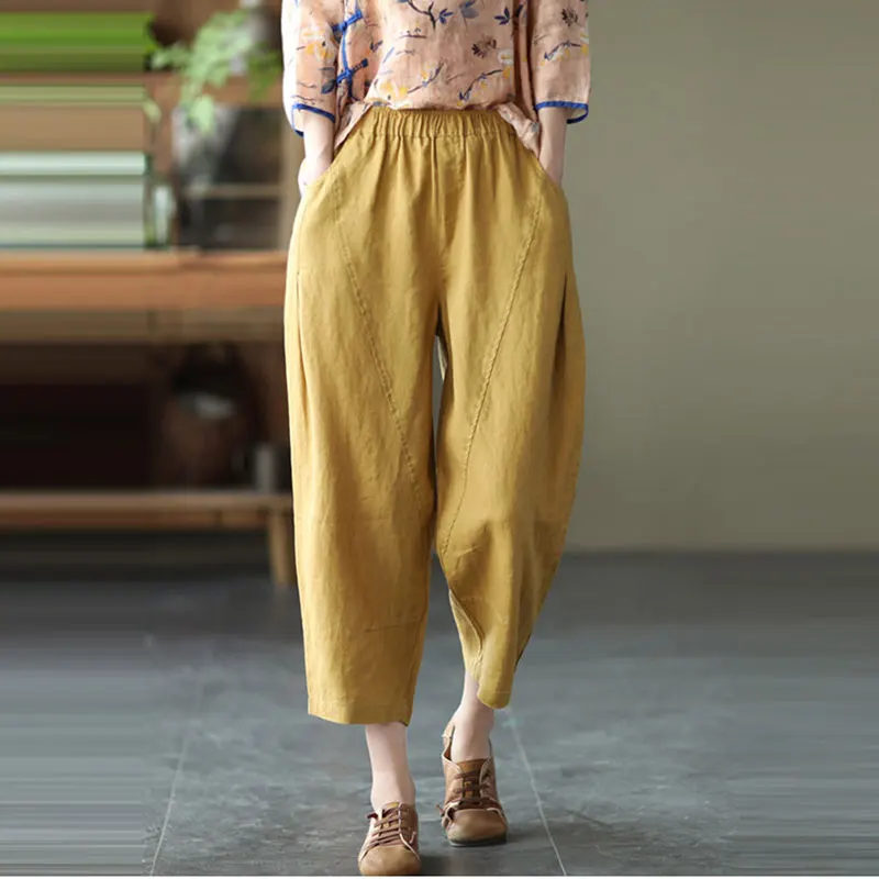 2022 Summer Arts Style Women Elastic Waist Ankle-length Loose Casual Pants Solid Cotton Linen Harem Pants 6 colour V604