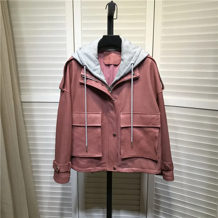 2020 Spring autumn Fashion women\'s hooded Pink color genuine leather jackets brand new high quality loose leather coat B637A