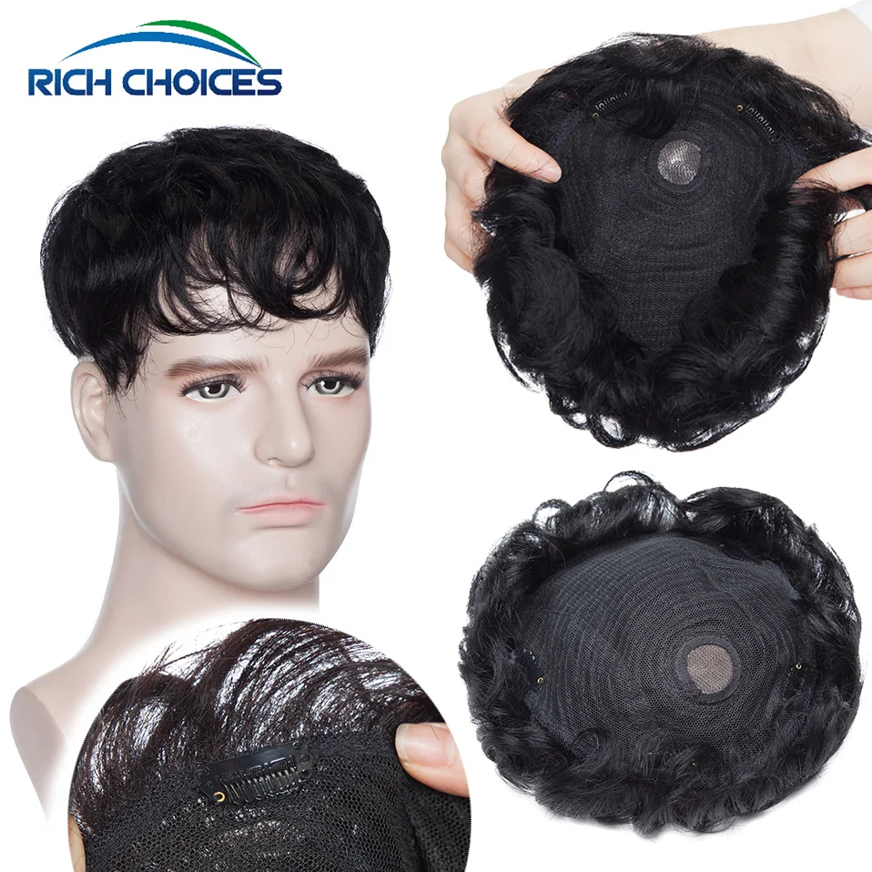 Rich Choices Wavy Human Hair Men Toupee 16x19CM Top Hairpiece Hair Extensions Density 150% Natural Hair Replacement Systems