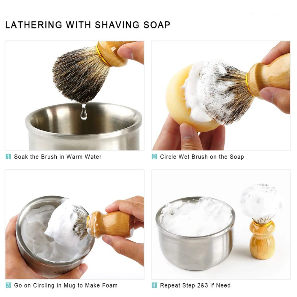 4in1 Shaving Brush Set Fine Badger Shave Brush Wood Handle + Stainless Steel Shaving Stand + Soap Cup + Soap for Men Wet Shave