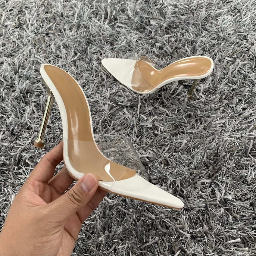 2024 Summer Women Pumps Transparent PVC Slippers Women Pointed Toe Metal Stiletto High Heels Sandals Ladies Mules Shoes