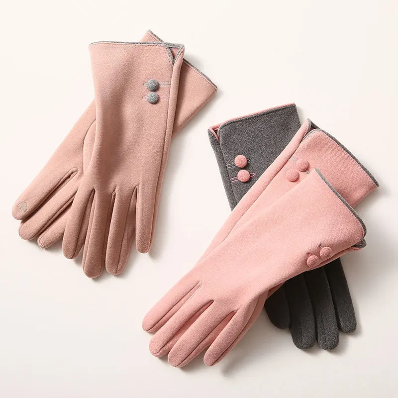Women Autumn Winter Velvet Cashmere Full Finger Warm Sport Cycling Glove Button Embroidery Touch Screen Driving Mitten F13