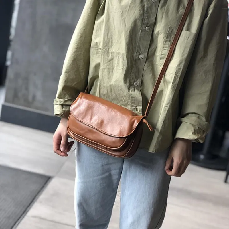 2024 retro leather shoulder bag first layer cowhide single shoulder female bag casual messenger bag trendy female messenger bag